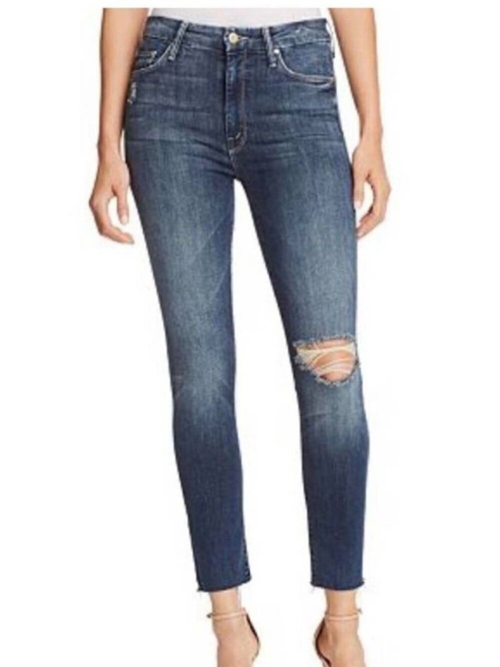 MOTHER High Waisted Ankle Fray Distressed Denim Blue Jeans 27